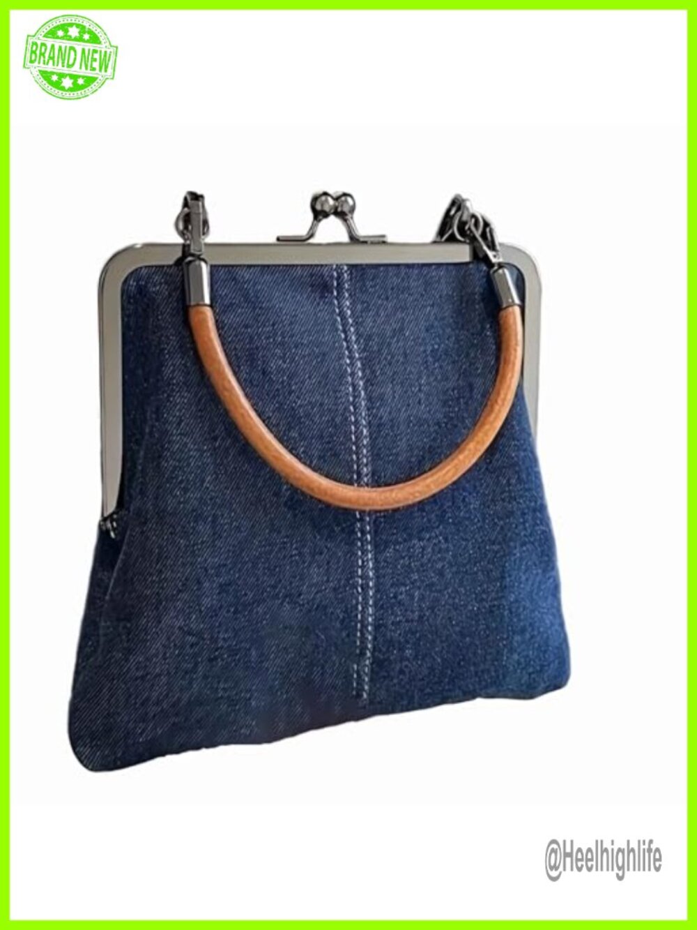 Denim Crossbody Tote Bag Mini Kiss Lock Purse Adjustable Strap